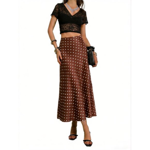 Dresses & Skirts - Women's Brown Waisted Long Silky Polka Dots A Line Flowing Elegant Midi Skirt